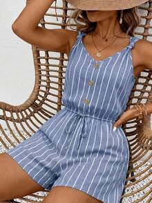 SHEIN Frenchy 女款條紋鈕扣設計腰部綁帶無袖連身褲 - 藍色 - 查看 4