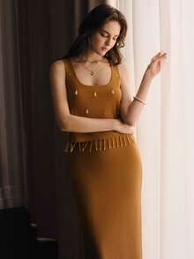 Anewsta Heavy Handcrafted Beaded Tassel Top And Skirt Knit Two Pieces Set Dinner Tea Party Shades Of Brown Summer Elegant - Brown - View 7