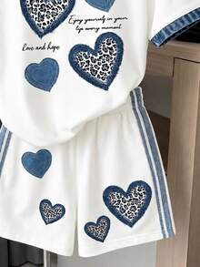 SHEIN 2件組 青少年女孩休閒寬鬆圓領短袖T恤與短褲，適合春夏季 - 彩色 - 查看 3