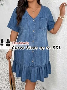 SHEIN CURVE+ Plus Size Vacation Casual Ruffle Hem Denim Dress Fall/Winter Elegant Casual Y2k Chic Basic Festival Back To School CURVE+ 5XL Ruffle Going Out - Blue - View 1