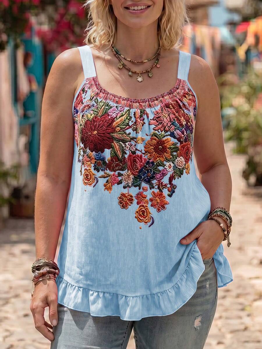 Ceyna 大尺碼女款花卉印花休閒日常穿著上衣 - 水鴨藍 - 查看 1