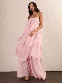 Easelle Gaun Wanita Warna Polos dengan Detail Renda Kontras di Bagian Bawah dan Rumbai, Elegan, Gaya Boho Romantis, Tali Bahu Tipis, Cocok untuk Liburan Musim Panas Warna Pink Muda - Berwarna merah muda - View 5
