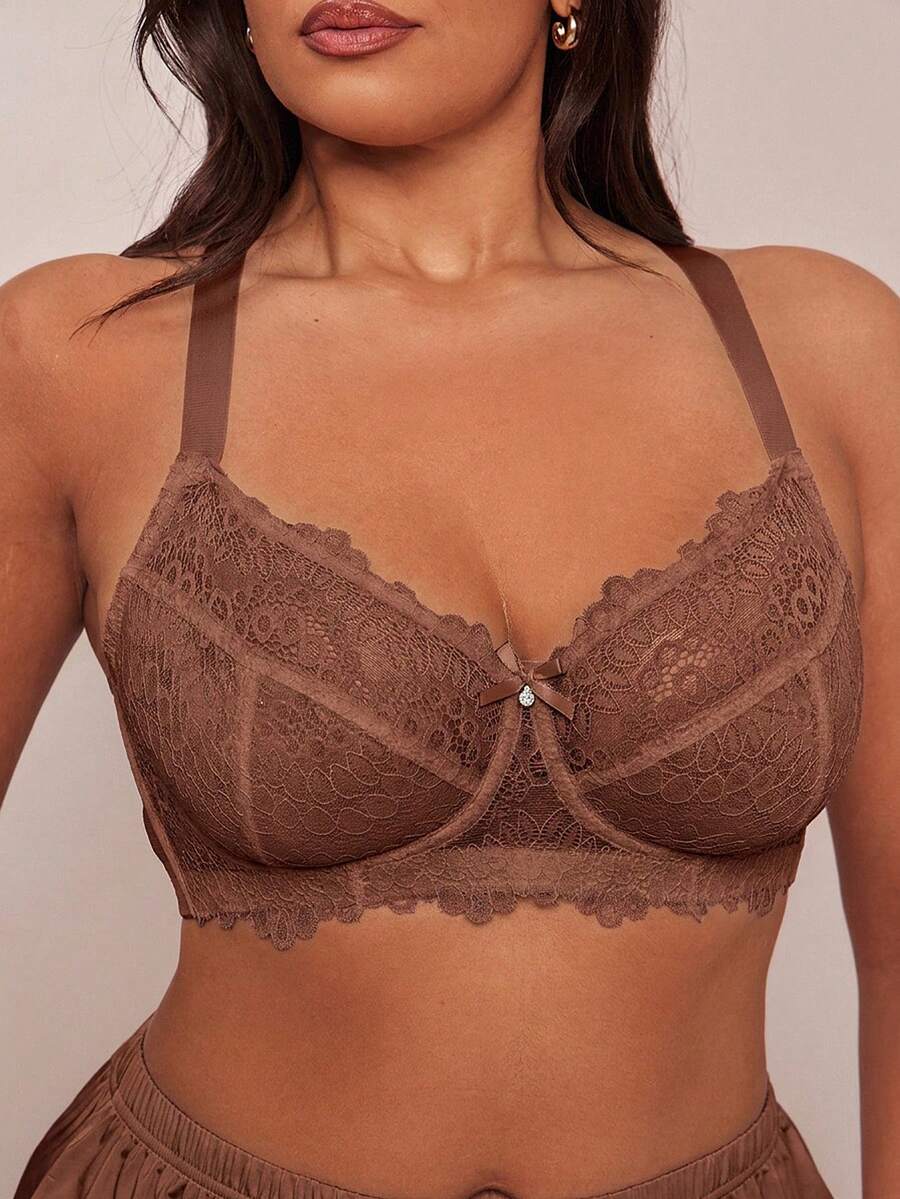 SHEIN BAE CURVE 圣诞蕾丝拼接加大码钢圈文胸 - 咖啡棕 - 查看 1