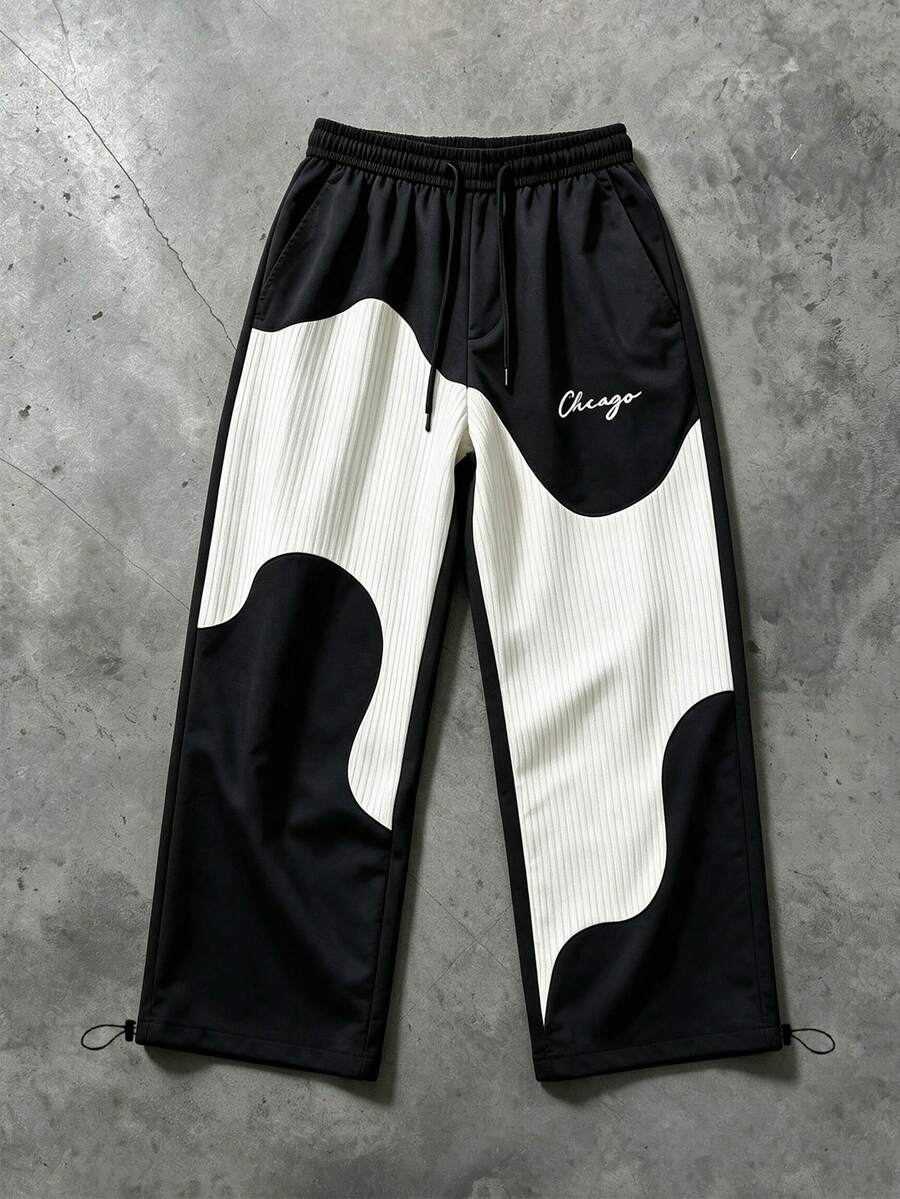 Sport MetroGents Men's Letter Print Contrast Color Drawstring Waist Sports Pants - Black - View 1