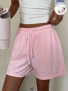 SHEIN EZwear 夏季寬鬆休閒粉色抽繩腰貼布設計運動短褲 - 粉色 - 查看 5