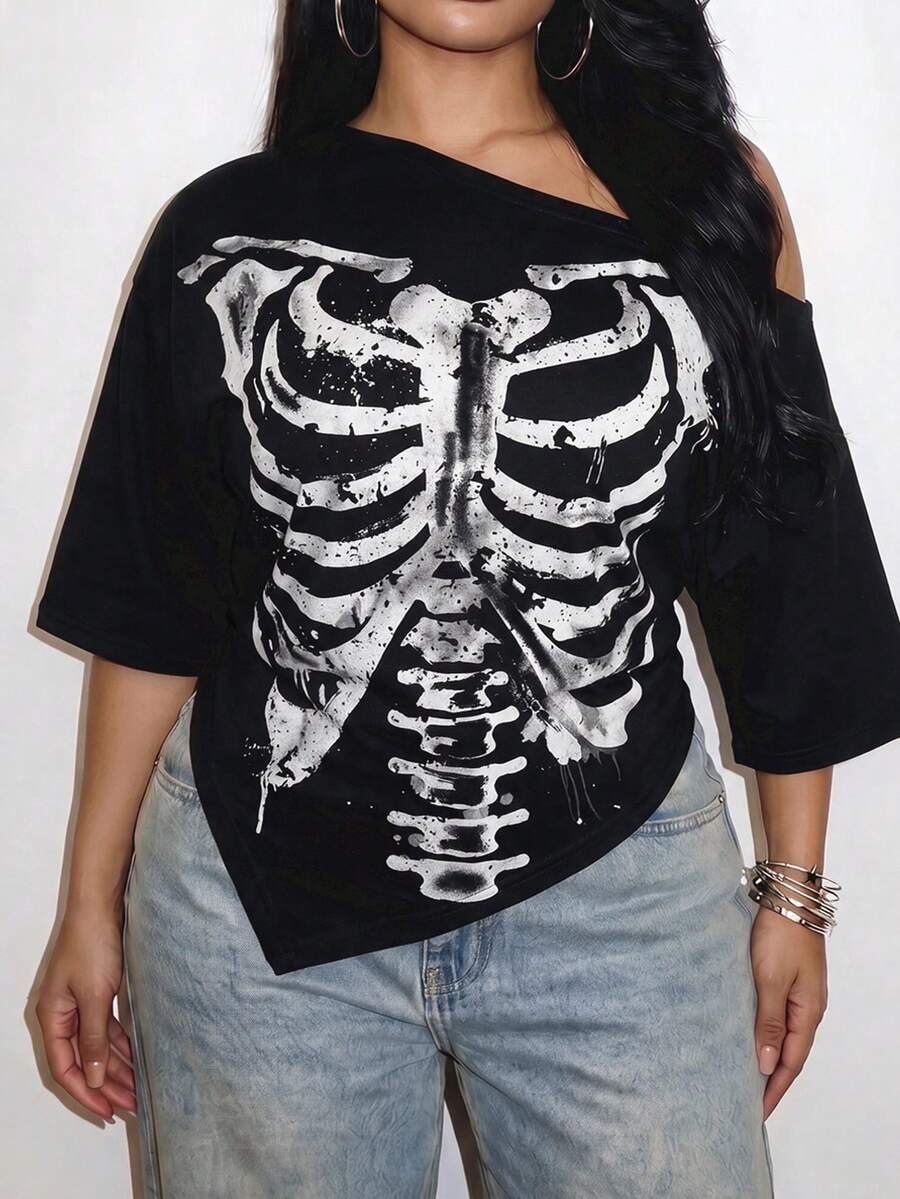 Slaydiva 萬聖節骷髏龐克 Y2K 音樂節大尺碼不對稱單肩 T-shirt,適合派對穿著 - 彩色 - 查看 1