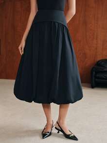 Anewsta Women's Solid Color Pleated Casual Versatile Daily Wear Skirt - Navy Blue - View 3