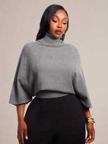 Radiana Curve Plus Size Women's Autumn/Winter High Neck Metal Button Decor Mid-Sleeve Loose Fit Pullover Sweater Top, Multiple Styling Possibilities, Vintage - Grey - View 7