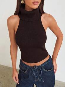 Aloruh Women's Elegant High Neck Backless Halter Sleeveless Pearl Sweater Vest - Coffee Brown - View 8