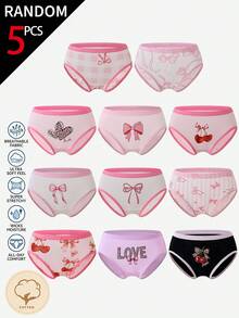 SHEIN 【5件隨機款】女童幼兒四季通用 多色可愛愛心蝴蝶結櫻桃 簡約可愛 多圖案可追蹤棉質印花組合三角內褲 - 彩色 - 查看 4