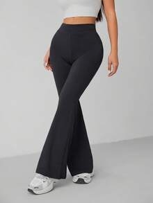 SHEIN PETITE 女款純色高腰休閒百搭日常喇叭褲 - 深灰色 - 查看 4