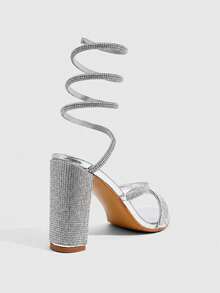 CUCCOO SZL Sandal Hak Tinggi Wanita Terbaru Seksi dengan Motif Ular Melingkar, Hiasan Berlian Imitasi Berkilau, Warna Perak, Sandal Hak Tinggi Nyaman untuk Pesta dengan Desain Melingkar. - Perak - View 3