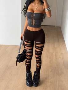 SHEIN ICON 女款素色鏤空休閒百搭日常穿著緊身內搭褲 - 棕色 - 查看 9