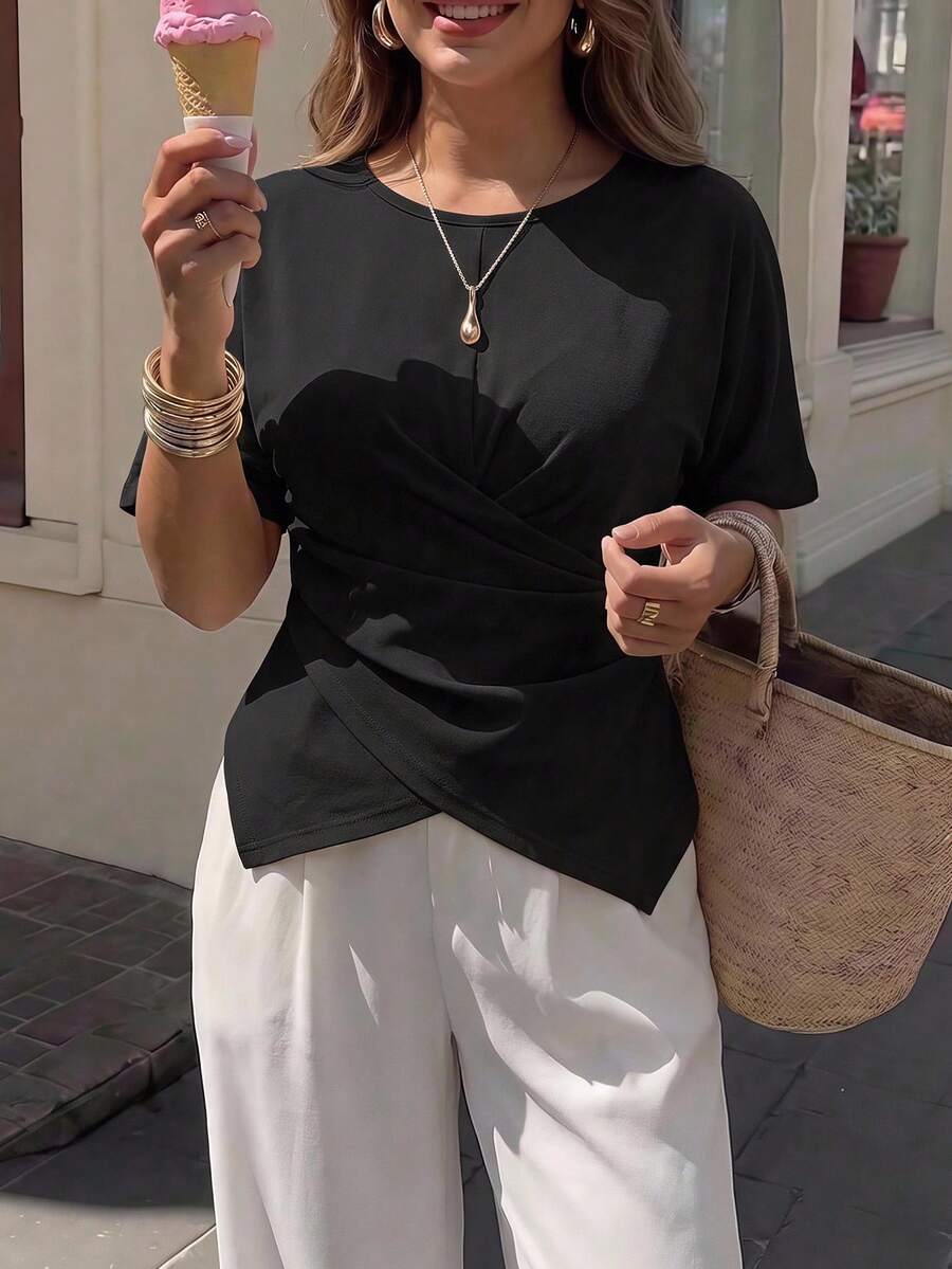 Maija Plus Size Women's Solid Color Round Neck Short Sleeve Ruched Asymmetric Hem Casual T-Shirt Club Formal Black Summer Autumn Halloween