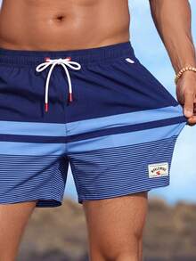 Manfinity KASUA Men Loose Striped Beach Shorts In Vacation Style Milk Silk Lining - Blue - View 4