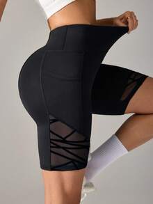SHEIN Sports Flocked Mesh Splicing High Waist Seamless Sports Shorts - Black - View 3