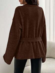 EURMUSE Women Solid Color Dropped Shoulder Long Sleeve Loose Tie-Front Casual Cardigan - Brown - View 2