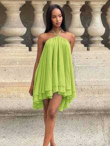 Mima John Gaun Mini Tanpa Lengan Berlapis Ruffle Chiffon untuk Wanita, Elegan untuk Pesta Musim Panas - Hijau - View 3