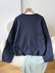 SHEIN 青少年女孩開襟針織外套 秋/冬新款 皇家藍蝴蝶結休閒百搭長袖喇叭袖 開襟款 返校季 - 藍色 - 查看 2