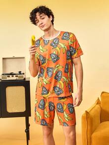 Notgurli Men's Orange Gorilla & Banana Print Milk Silk Crew Neck Short Sleeve 2 Pieces Set, Casual Daily Loungewear Outfit - Multicolor - View 5