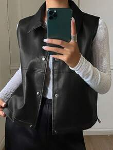 Dazy Plus Solid Color Street Casual Lapel Loose Sleeveless Jacket PU Vest, Spring/Autumn Layering - Black - View 1