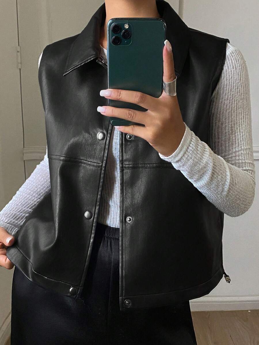 Dazy Plus Solid Color Street Casual Lapel Loose Sleeveless Jacket PU Vest, Spring/Autumn Layering - Black - View 1