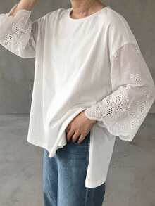 Dazy Plus Solid Color Contrast Lace Bell Sleeve Hem Slit Front Short Back Long Design Spring Summer Autumn White T-Shirt - White - View 1