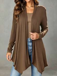 Everyssa Jaket Wanita Gaya Komuter dengan Kancing Depan, Panjang Sedang, Kerah Bervolume, dan Hem Asimetris - Coklat - View 4
