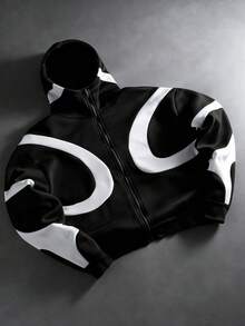 Manfinity Homme Men's Young Patchwork Colorblock Plus Size Hoodie - Black and White - View 4