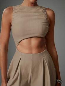 Hauture Sexy Casual Solid Boatneck Gathered Shirred Cut Out Waist Wide Leg Jumpsuit - Khaki - View 2