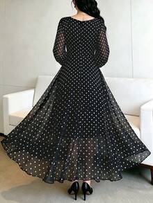 Modelyn 春夏波點收腰顯瘦優雅時尚長洋裝 - 黑色 - 查看 2