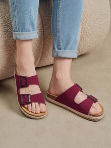 Solecia Sandal Musim Panas Wanita Terbaru dengan Sol Tali Rami, Model Slip-On dengan Hiasan Gesper Sabuk, Sandal Pantai Modis - Burgundy - View 11
