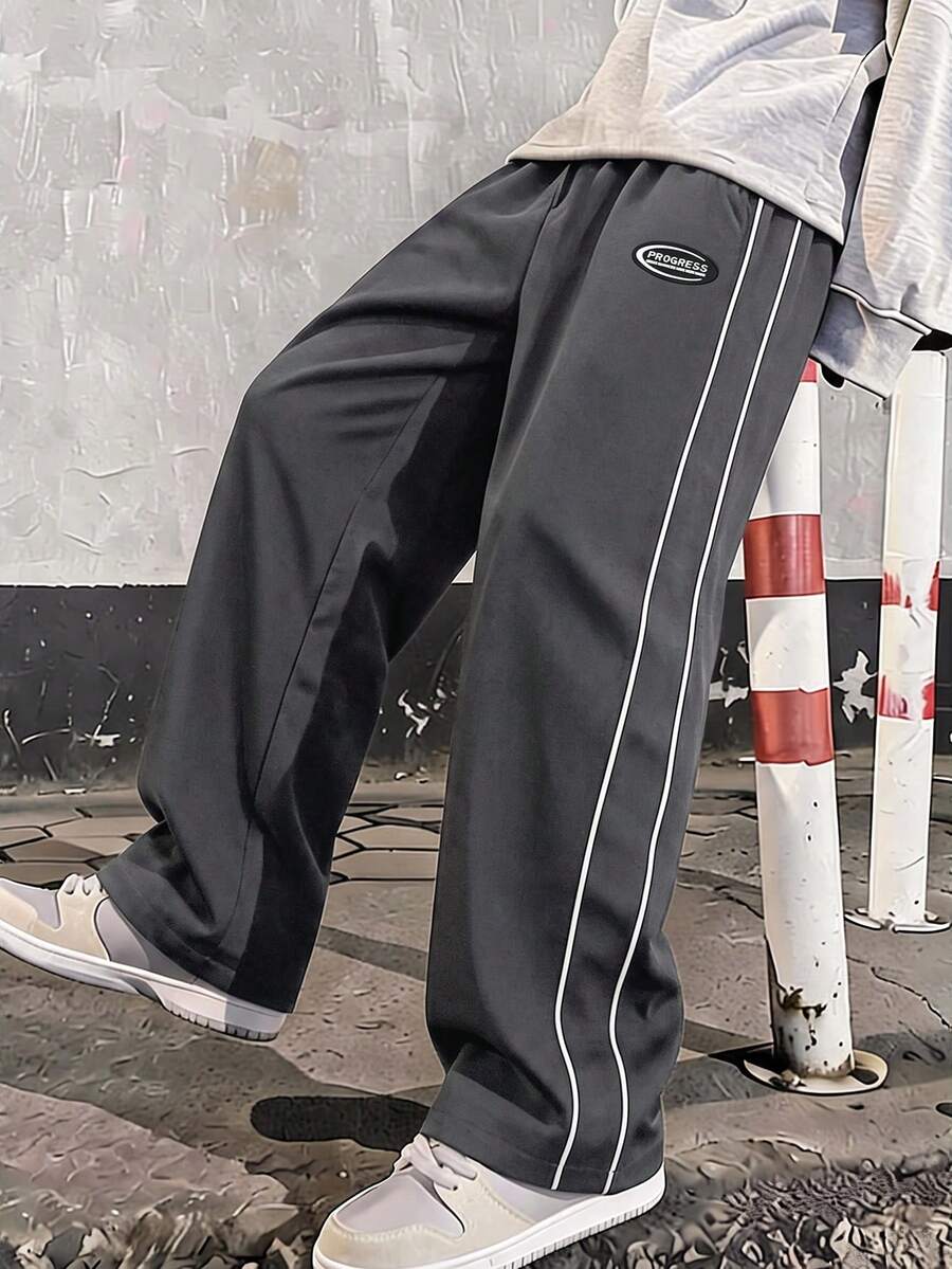 SHEIN Celana Panjang Kasual Sehari-hari Motif Huruf untuk Remaja Laki-Laki - Grey - View 1