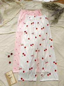 CottageSlumber Cherry Heart Print Casual Women's Pajama Pants Set, 2 Long Pants - Multicolor - View 6