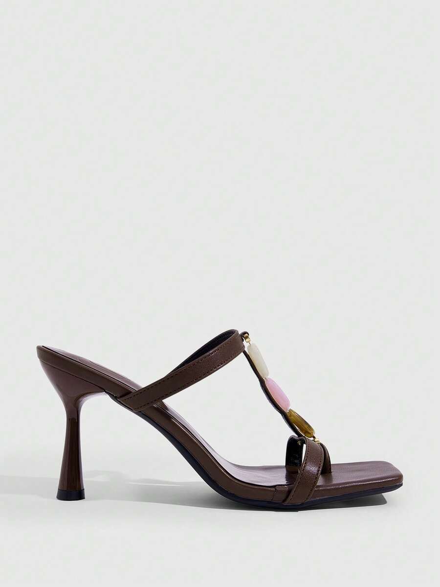 CUCCOO SZL Chic Women's Brown Heeled Sandals With Colorful Bead Embellishments And Stylish Square Toe Design - Coffee Brown - View 1