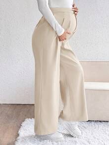 SHEIN Maternity Solid Color Pleated Casual Versatile Daily Wear Long Pants - Apricot - View 4