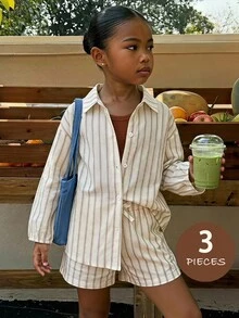 SHEIN LMoss Kids 少女條紋單排扣外套、純色背心上衣與短褲套裝 - 彩色 - 查看 5