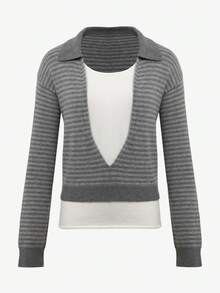 GlowEve Premium Versatile 2 In 1 V-Neck Striped Slimming Elegant Top - Grey - View 3