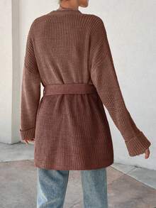 EURMUSE Cárdigan de punto acanalado con cinturón y diseño asimétrico sobredimensionado para mujeres - Rosa vieja - Ver 2