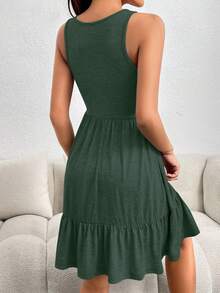 SHEIN Essnce 女士休闲纯色荷叶边下摆无袖连衣裙，夏季 - 綠色 - 查看 2