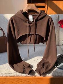 SHEIN EZwear 抽繩細節超短版休閒衛衣－黑白配色，長袖上衣，秋冬巧克力棕色衛衣 - 巧克力棕 - 查看 1