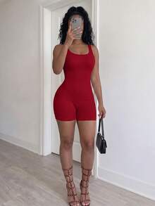 BamGleam Women's Solid Color Sleeveless Bodycon Romper - Burgundy - View 3