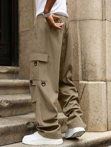 Major Grit Men's Plus Size Solid Color Drawstring Waist Wide Leg Casual Cargo Pants - Khaki - View 2