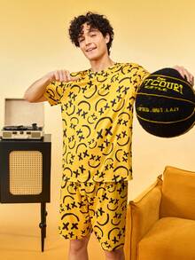 Notgurli Men's Cartoon Print Short Sleeve & Shorts Pajama Set - Multicolor - View 1