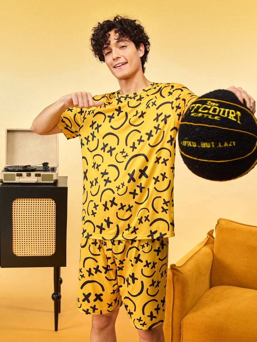 Notgurli Men's Cartoon Print Short Sleeve & Shorts Pajama Set - Multicolor - View 1