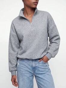 Maija Quarter Zip Oversized Sweatshirt Casual, Airport Graduation, Back To School, Teacher,  Spring Vacation Holiday Summer - Grey - View 6