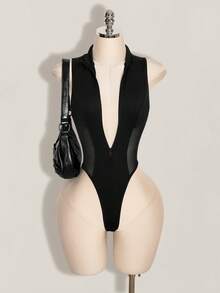 SHEIN ICON Y2k Women's Halloween Black Sexy Fashion Zipper Mesh Patchwork Bodysuit - Black - View 4