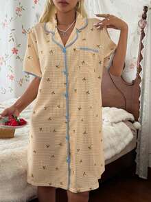 CottageSlumber Contrast Trim Lemon Plaid Print Nightgown, Comfortable Shirt-Style Loungewear Dress - Yellow - View 3
