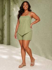 ELLERISSA Plus Size Green Linen Cami Top & Shorts Co-Ord Set - Green - View 4