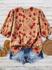 Linhara Plus Size Women's Notch Neck Printed Blouse, Summer Vacation Boho Fall - Brown - View 2